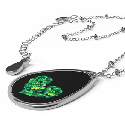 Heart of Plantain Oval Necklace -Black- Elegant Green Leaf Design