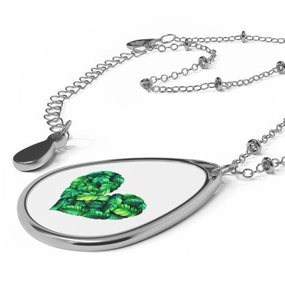 Heart of Plantain Oval Necklace - Elegant Green Leaf Design