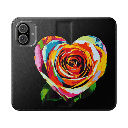 Pop Heart Flip Case – Black- Heart & Floral Design for iPhone 16 and Androids