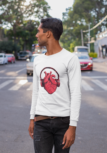 Heart Beat & Headphones Long Sleeve Tee - Perfect for Music Lovers