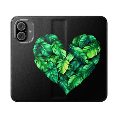 Heart of Plantain Flip Case – Black- Heart & Floral Design for iPhone 16 and Androids