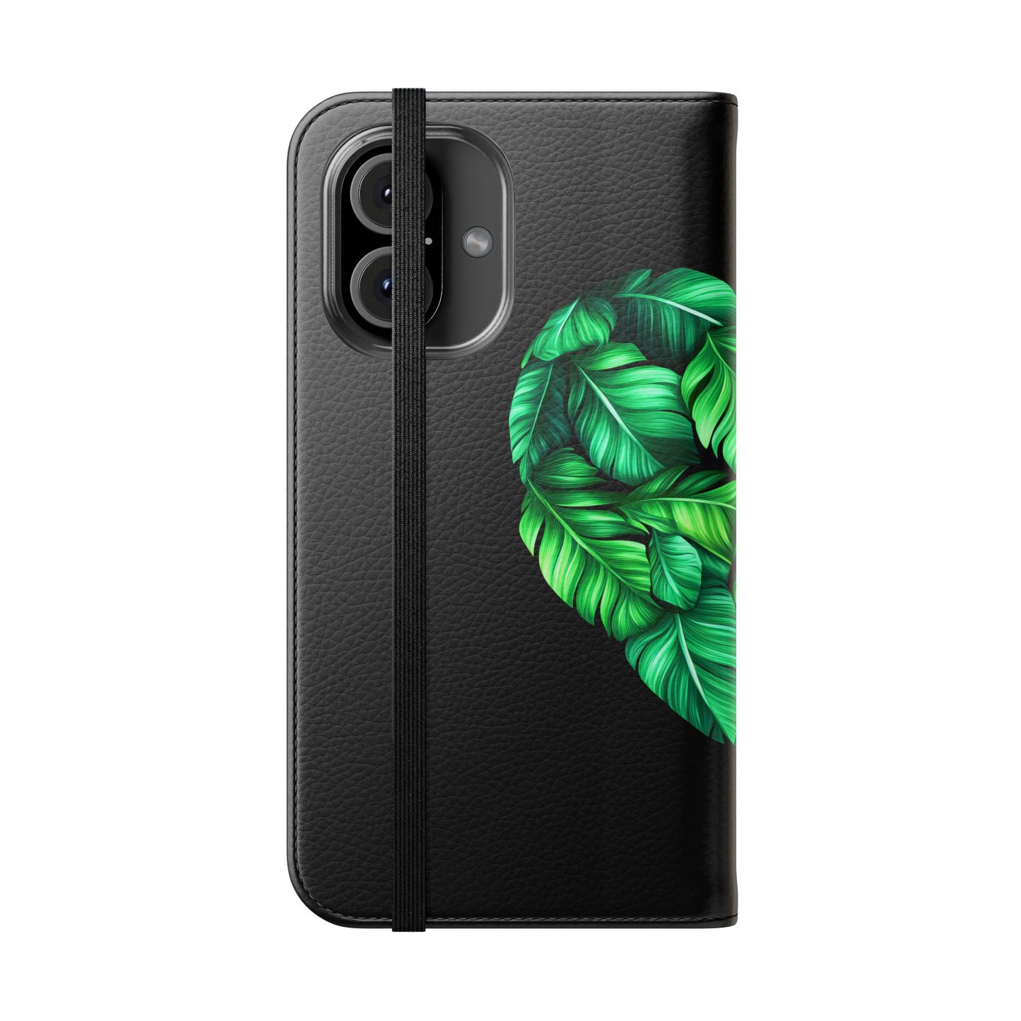 Heart of Plantain Flip Case – Black- Heart & Floral Design for iPhone 16 and Androids