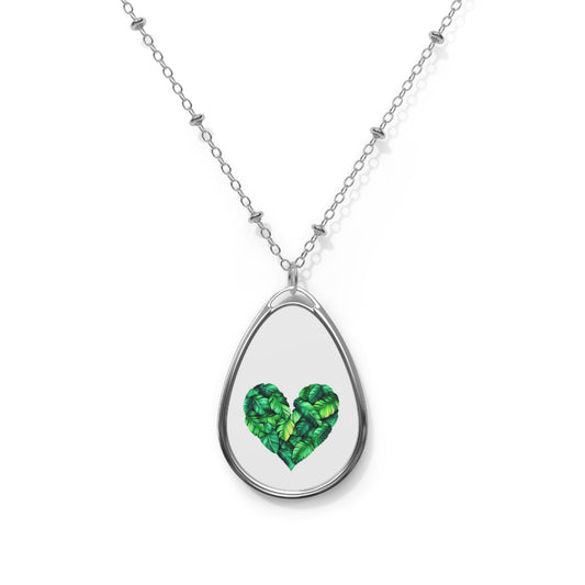 Heart of Plantain Oval Necklace - Elegant Green Leaf Design