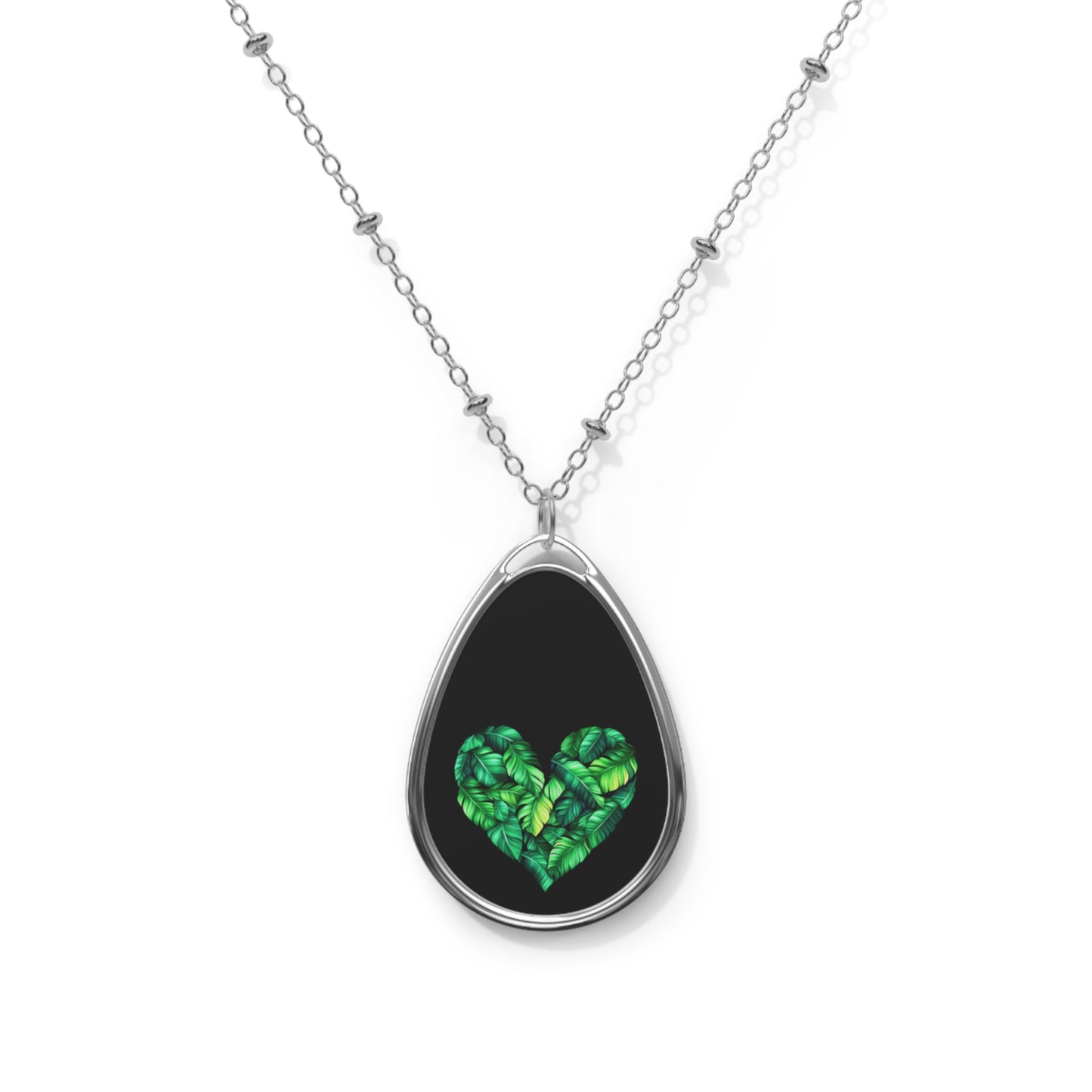 Heart of Plantain Oval Necklace -Black- Elegant Green Leaf Design