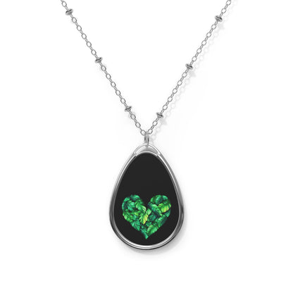 Heart of Plantain Oval Necklace -Black- Elegant Green Leaf Design